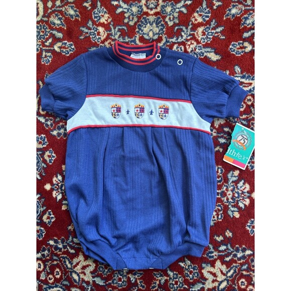 Vtg Baby Boy Clothes 18 Months Health-Tex Romper Striped Shield Embroidered NWT - Picture 1 of 5